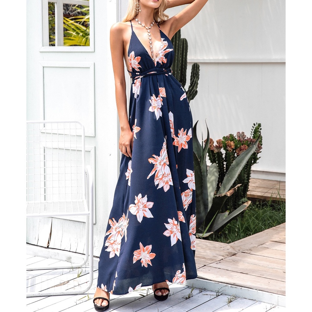 Maxi Dress Blue Floral Wrap Criss Cross Back